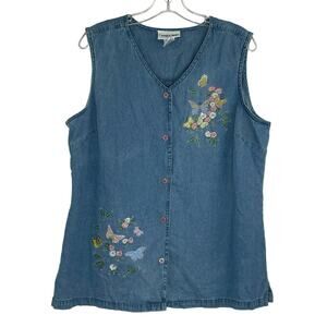 Country Store sleeveless button down blouse embroidered floral butterflies XL